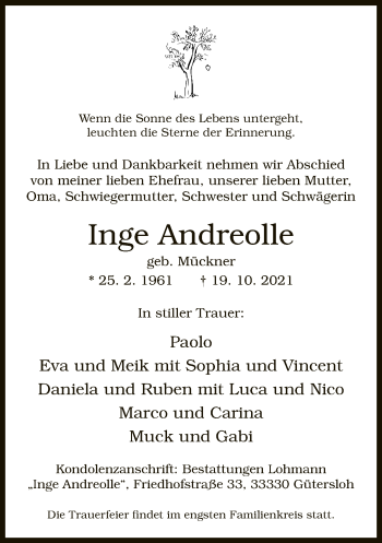 Traueranzeige von Inge Andreolle von Neue Westfälische
