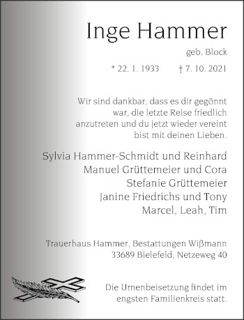 Traueranzeige von Inge Hammer von Neue Westfälische