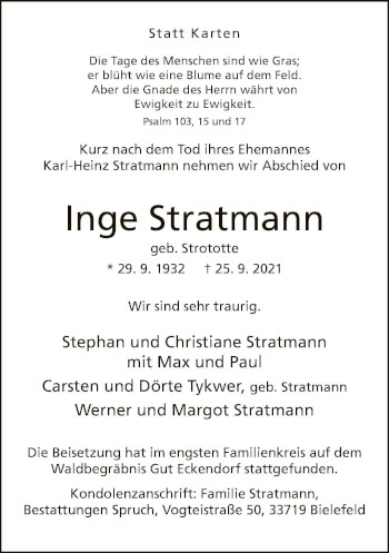 Traueranzeige von Inge Stratmann von Neue Westfälische