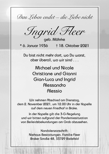 Traueranzeige von Ingrid Fleer von Neue Westfälische