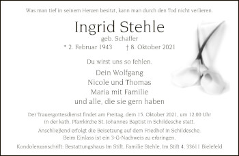 Traueranzeige von Ingrid Stehle von Neue Westfälische