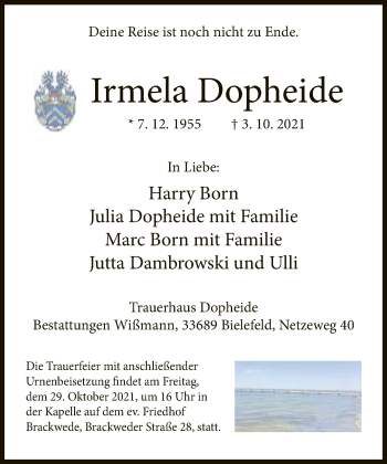 Traueranzeige von Irmela Dopheide von Neue Westfälische