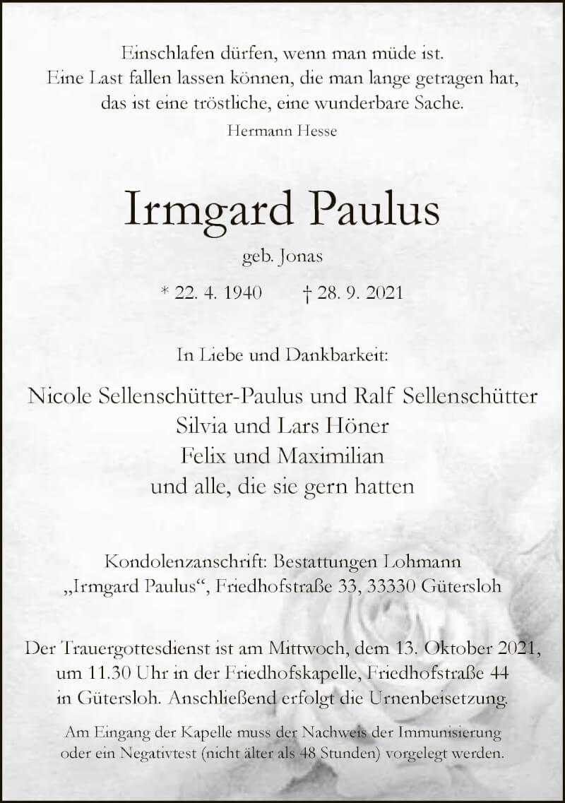  Traueranzeige für Irmgard Paulus vom 02.10.2021 aus Neue Westfälische