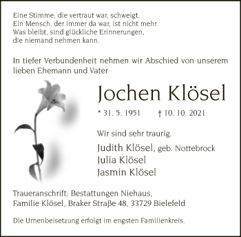 Traueranzeige von Jochen Klösel von Neue Westfälische