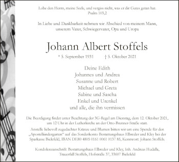 Traueranzeige von Johann Albert Stoffels von Neue Westfälische