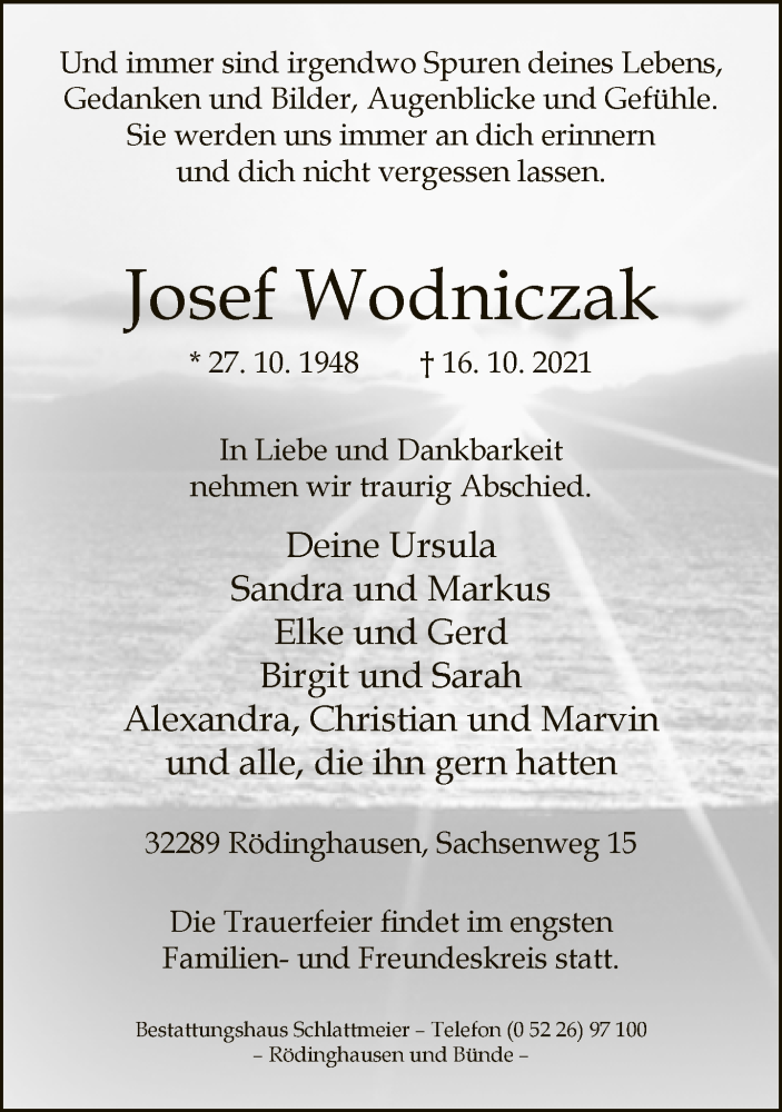  Traueranzeige für Josef Wodniczak vom 19.10.2021 aus Neue Westfälische