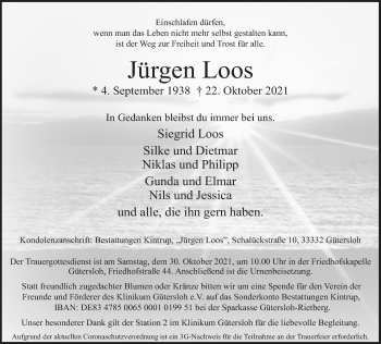 Traueranzeige von Jürgen Loos von Neue Westfälische