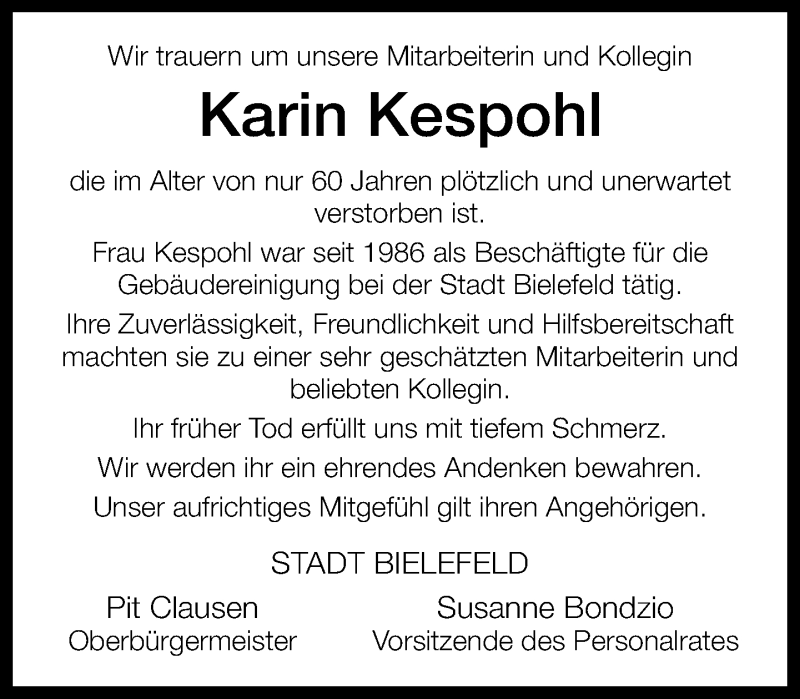  Traueranzeige für Karin Kespohl vom 21.10.2021 aus Neue Westfälische