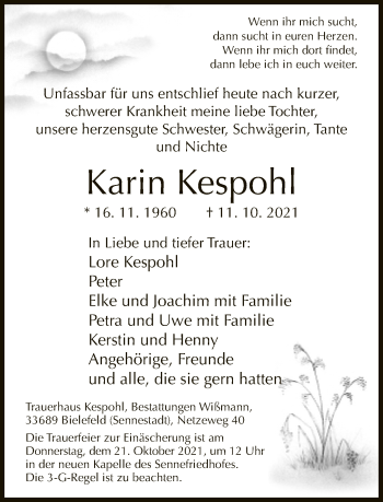 Traueranzeige von Karin Kespohl von Neue Westfälische