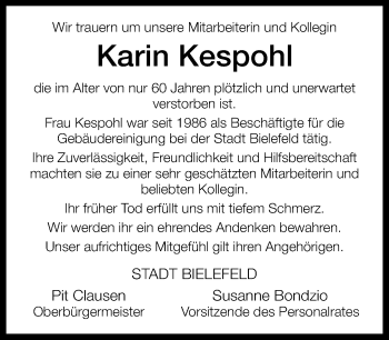 Traueranzeige von Karin Kespohl von Neue Westfälische