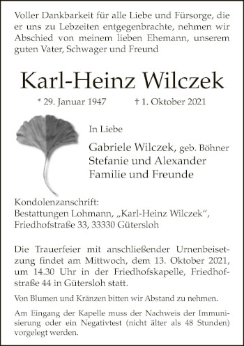 Traueranzeige von Karl-Heinz Wilczek von Neue Westfälische