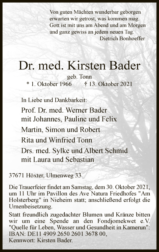  Traueranzeige für Kirsten Bader vom 16.10.2021 aus Neue Westfälische
