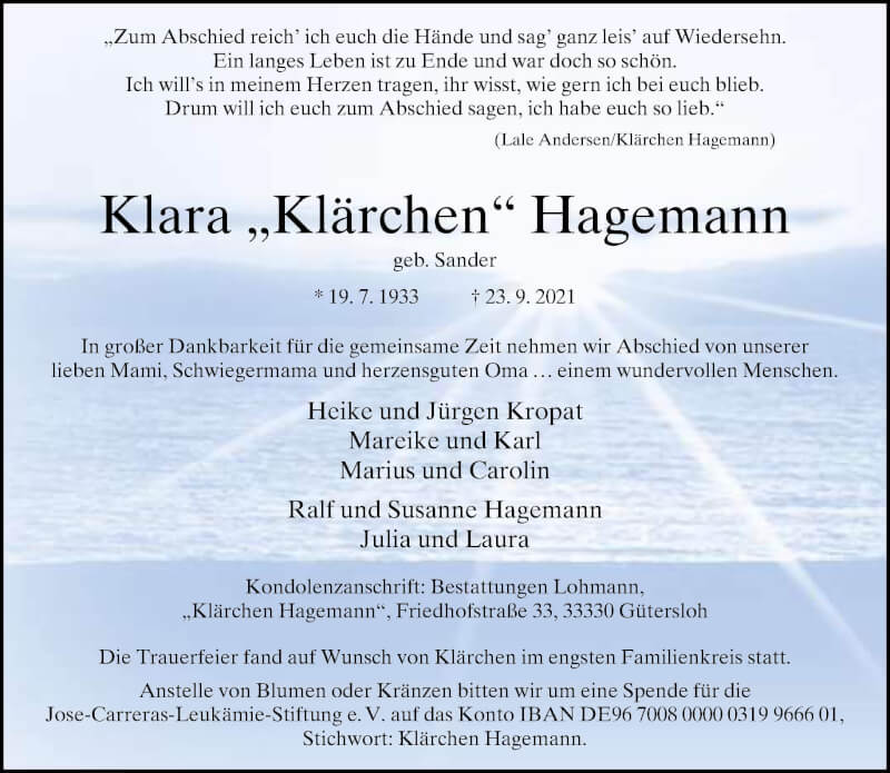  Traueranzeige für Klara Hagemann vom 02.10.2021 aus Neue Westfälische