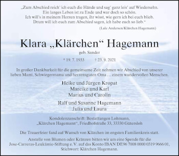 Traueranzeige von Klara Hagemann von Neue Westfälische