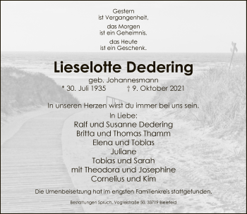 Traueranzeige von Lieselotte Dedering von Neue Westfälische