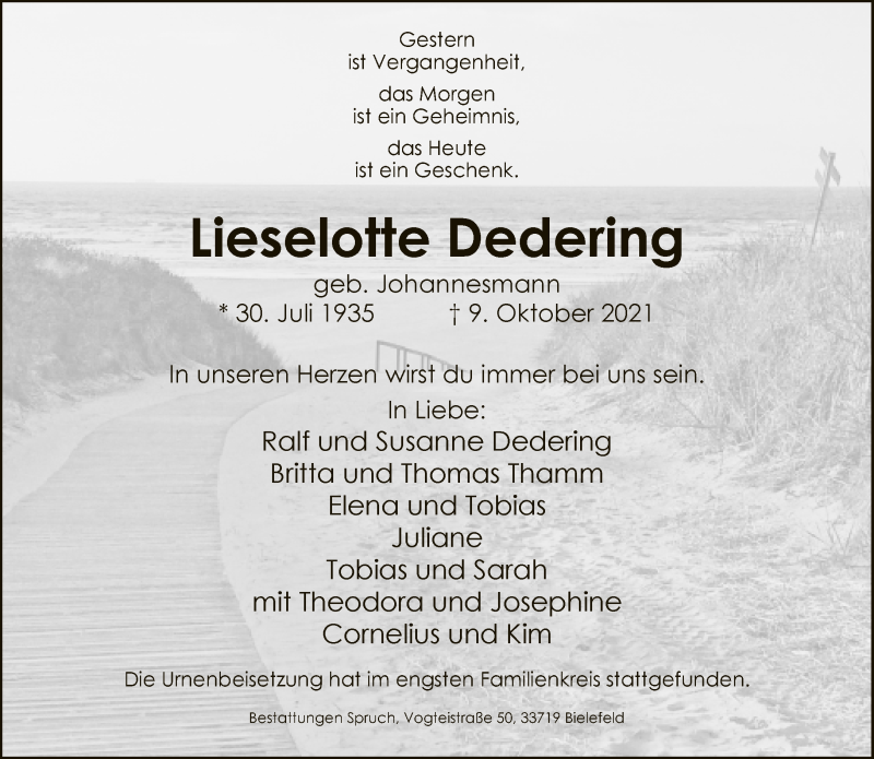  Traueranzeige für Lieselotte Dedering vom 23.10.2021 aus Neue Westfälische