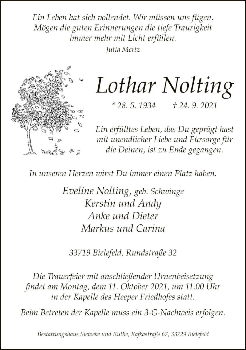  Traueranzeige für Lothar Nolting vom 02.10.2021 aus Neue Westfälische