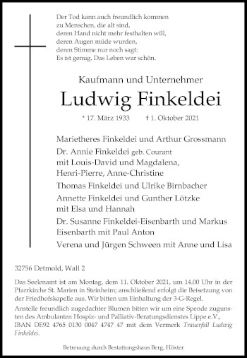 Traueranzeige von Ludwig Finkeldei von Neue Westfälische