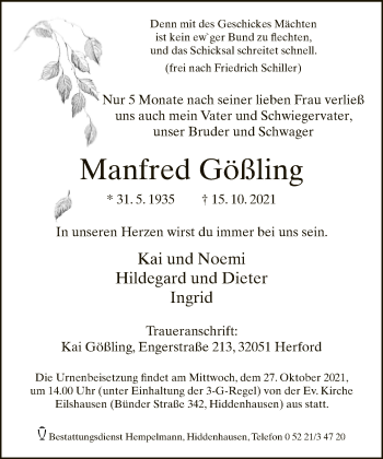 Traueranzeige von Manfred Gößling von Neue Westfälische