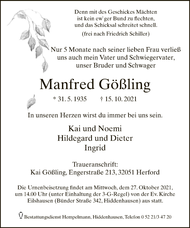  Traueranzeige für Manfred Gößling vom 23.10.2021 aus Neue Westfälische