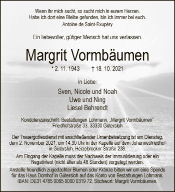 Traueranzeige von Margrit Vormbäumen von Neue Westfälische