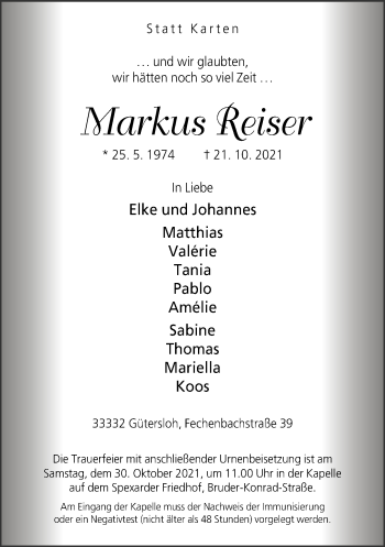 Traueranzeige von Markus Reiser von Neue Westfälische