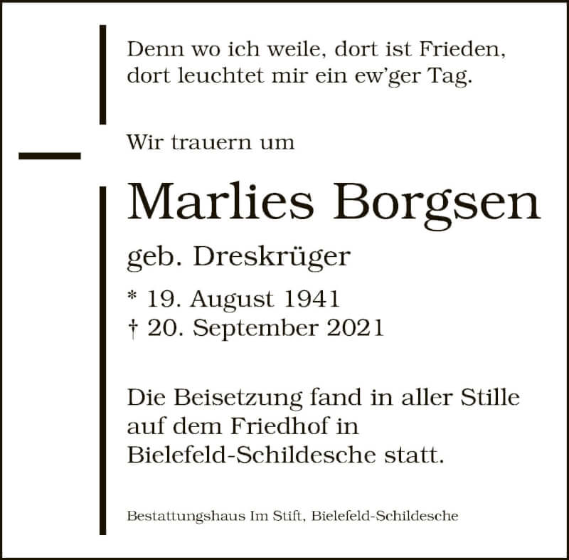  Traueranzeige für Marlies Borgsen vom 02.10.2021 aus Neue Westfälische