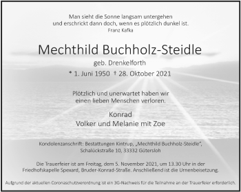 Traueranzeige von Mechthild Buchholz-Steidle von Neue Westfälische