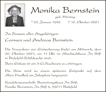 Traueranzeige von Monika Bernstein von Neue Westfälische