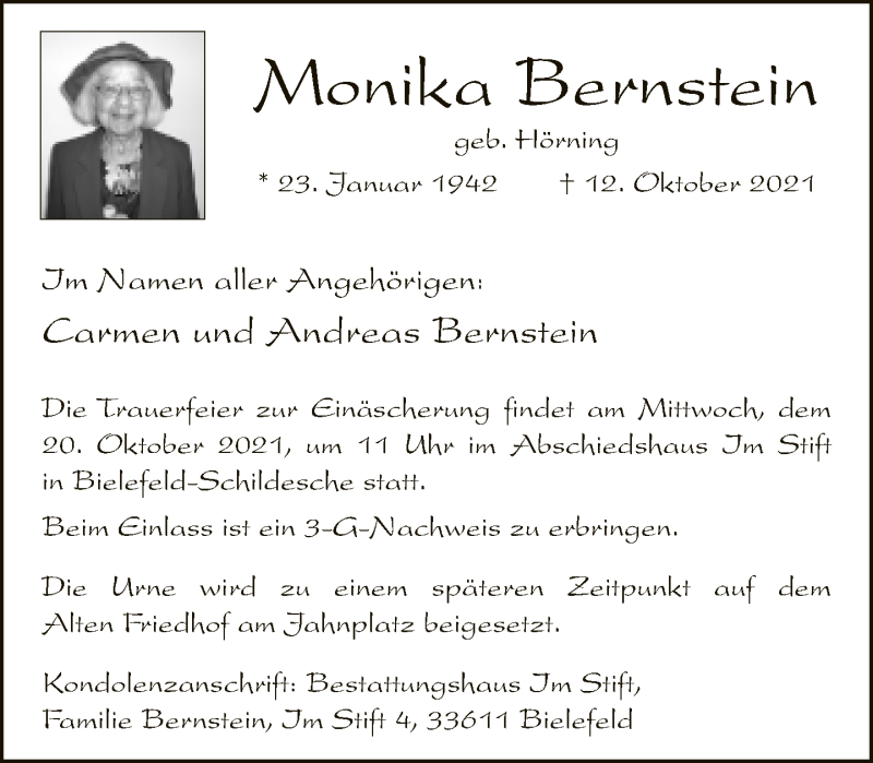  Traueranzeige für Monika Bernstein vom 16.10.2021 aus Neue Westfälische