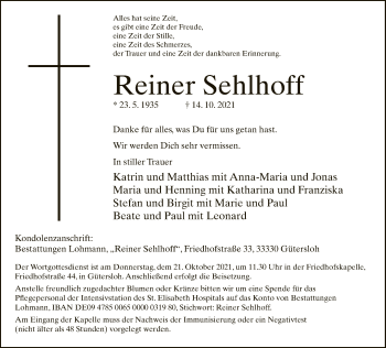 Traueranzeige von Reiner Sehlhoff von Neue Westfälische