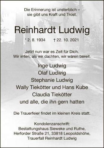 Traueranzeige von Reinhardt Ludwig von Neue Westfälische