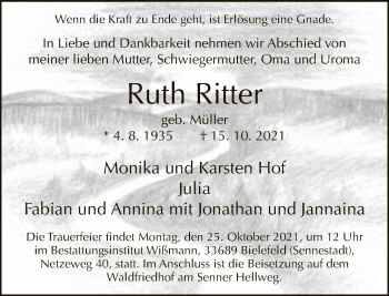 Traueranzeige von Ruth Ritter von Neue Westfälische