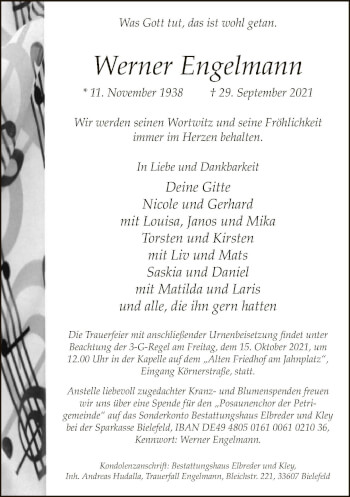 Traueranzeige von Werner Engelmann von Neue Westfälische