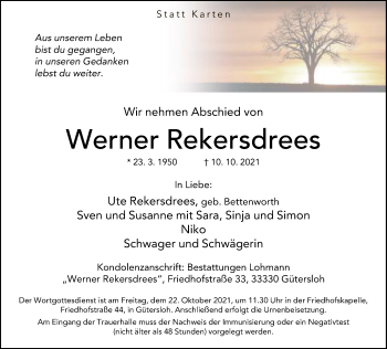 Traueranzeige von Werner Rekersdrees von Neue Westfälische