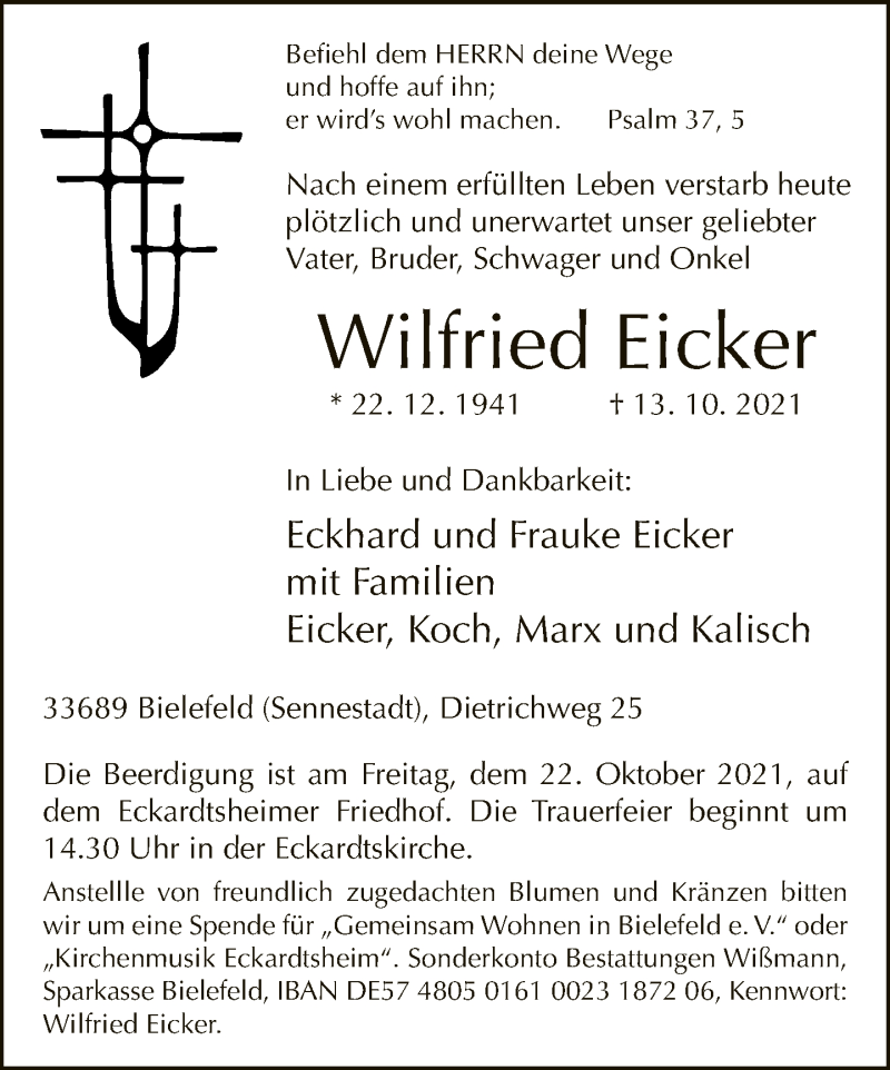  Traueranzeige für Wilfried Eicker vom 19.10.2021 aus Neue Westfälische
