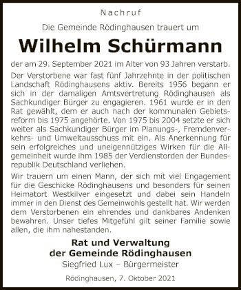 Traueranzeige von Wilhelm Schürmann von Neue Westfälische