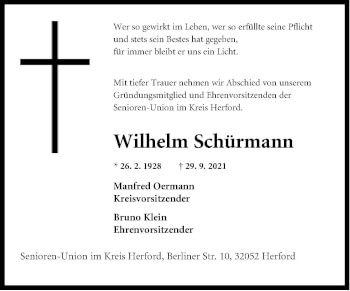Traueranzeige von Wilhelm Schürmann von Neue Westfälische