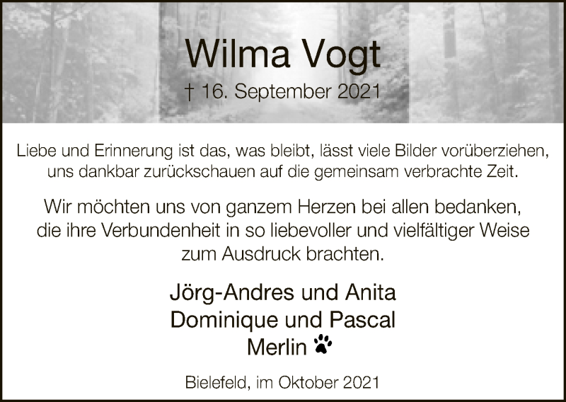  Traueranzeige für Wilma Vogt vom 30.10.2021 aus Neue Westfälische