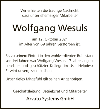 Traueranzeige von Wolfgang Wesuls von Neue Westfälische