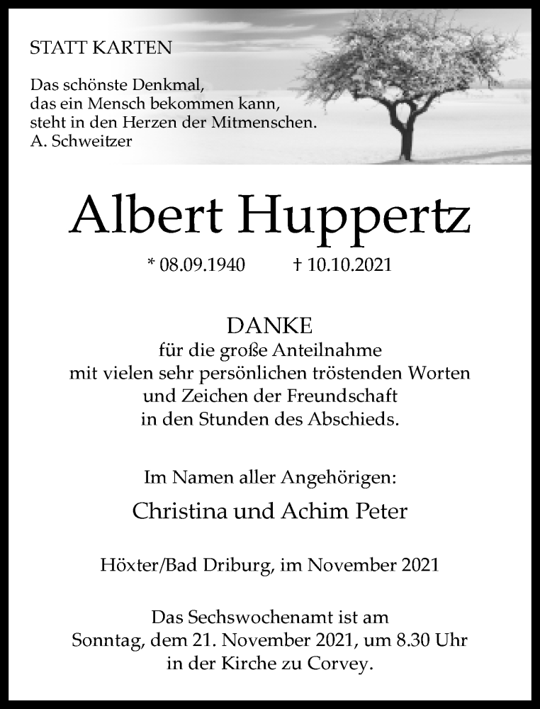  Traueranzeige für Albert Huppertz vom 13.11.2021 aus Neue Westfälische