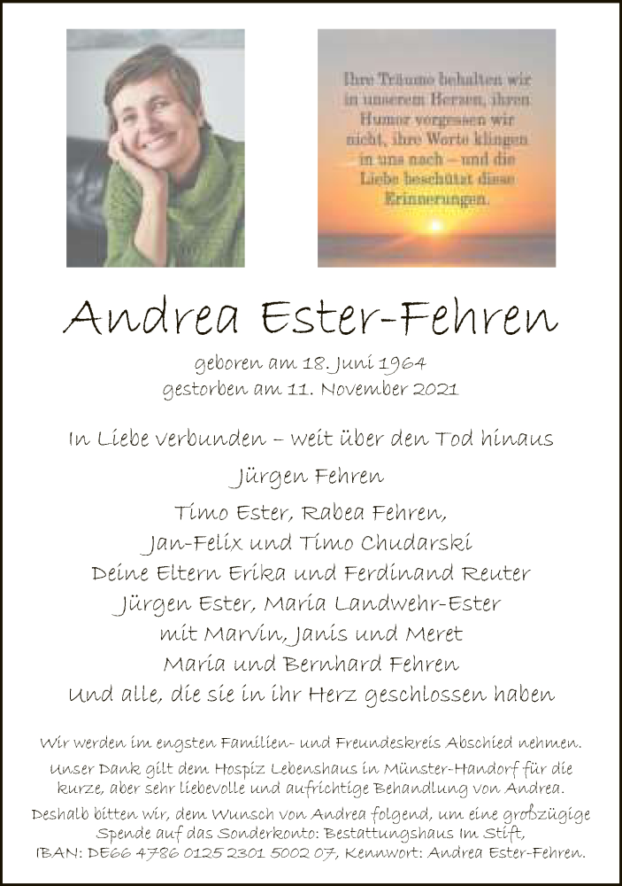  Traueranzeige für Andrea Ester-Fehren vom 20.11.2021 aus Neue Westfälische
