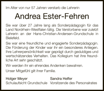 Traueranzeige von Andrea Ester-Fehren von Neue Westfälische