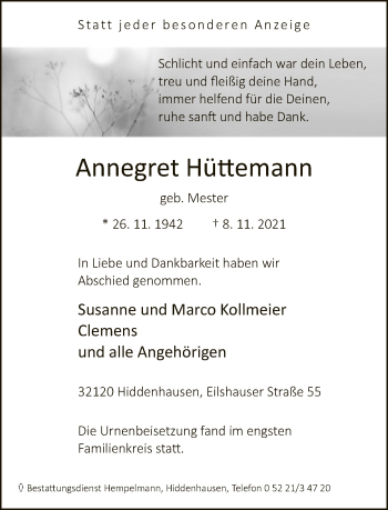 Traueranzeige von Annegret Hüttemann von Neue Westfälische