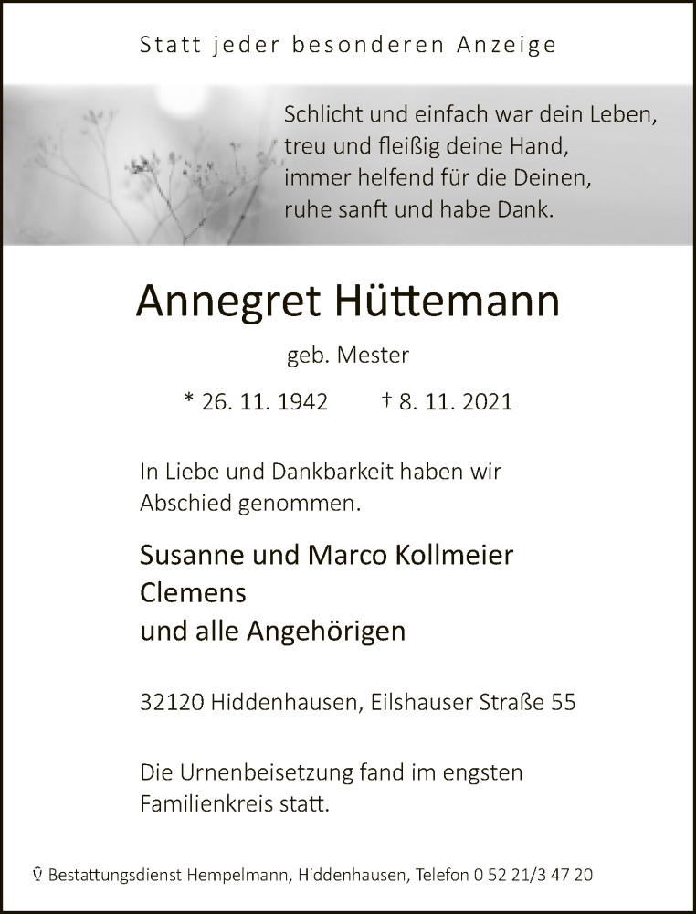  Traueranzeige für Annegret Hüttemann vom 20.11.2021 aus Neue Westfälische