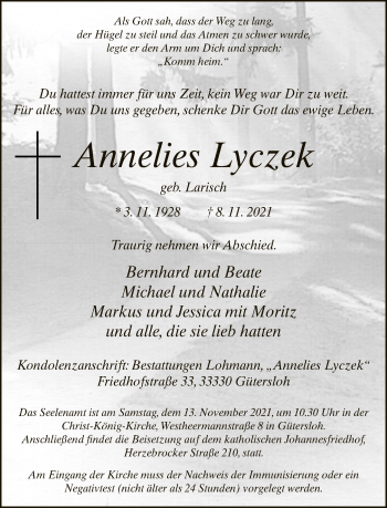 Traueranzeige von Annelies Lyczek von Neue Westfälische