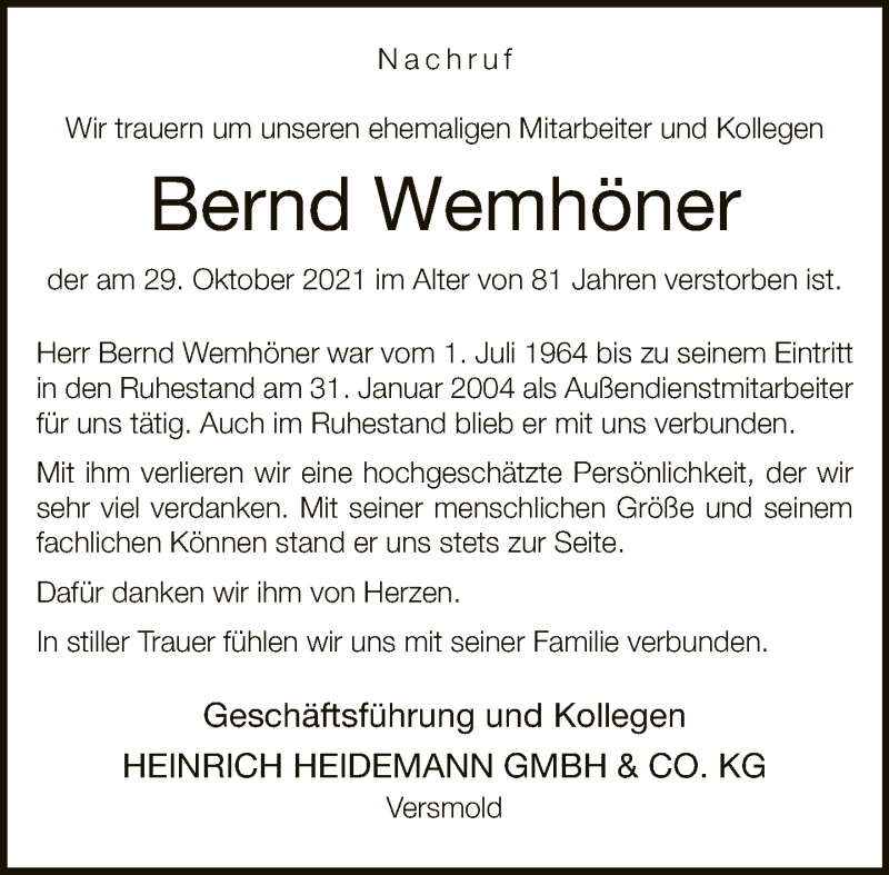  Traueranzeige für Bernd Wemhöner vom 19.11.2021 aus Neue Westfälische