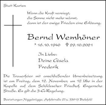 Traueranzeige von Bernd Wemhöner von Neue Westfälische