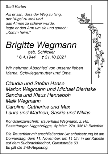 Traueranzeige von Brigitte Wegmann von Neue Westfälische