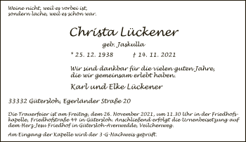 Traueranzeige von Christa Lückener von Neue Westfälische